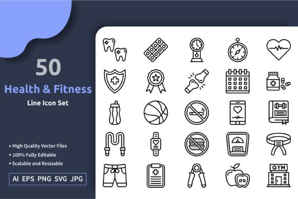 50 Vector Health and Fitness Icon Set