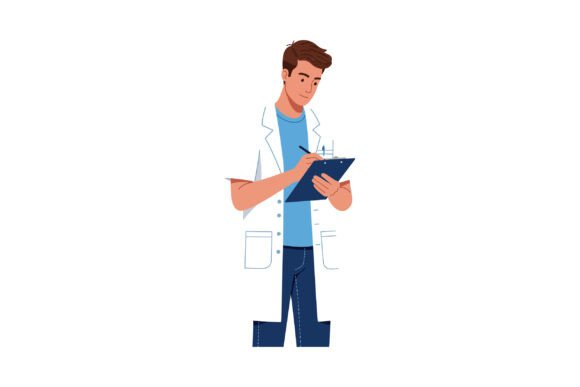 Male Doctor Writing on Clipboard in White