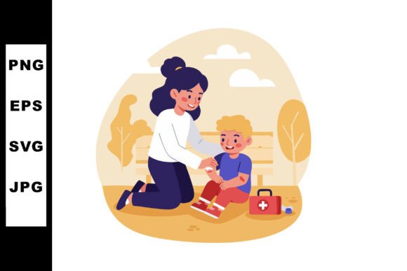 Woman Caring for Boy with First Aid Kit